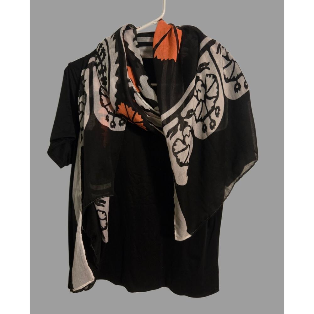 Target Women's Black White Orange Floral Chiffon Polyester Rectangle Scarf